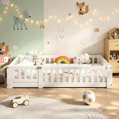 Image de Lit enfant INONEFT, modèle 80x160, lit Montessori avec barrière et porte, lit simple en bois avec sommier à lattes, lit pour bébé en bois massif, blanc