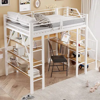 Obrázek produktu pro MODFU Patrová postel 140×200 juniorské lůžko s bezpečnostními schody a vysokým zábradlím, s třípatrovou policí, psacím stolem a šatní skříní, kovová postel bez matrace, bílá