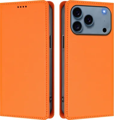 Image de Etui en cuir pour iPhone 17 Pro Max, étui magnétique en cuirPolyuréthaneavec support Orange