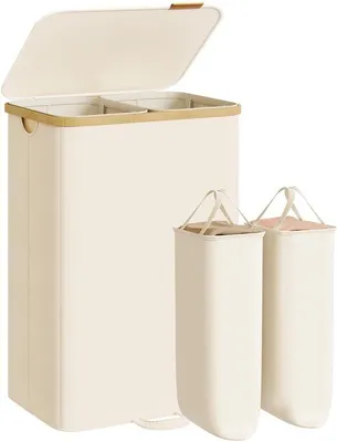 Produktbild von Famanu Wäschekorb mit Deckel, 2 Fächer, 150 l, crèmewit, ideal für Badezimmer und Schlafzimmer