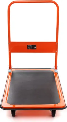 A front view of an orange and black platform trolley on a white background.