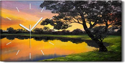 Produktbild von Wanduhr Bürouhr Leinwand Bild 60x30 Ölgemälde See Wald Bäume Sonnenuntergang - weiße Hände