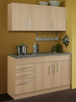 Produktbild von kalb Miniküche Toronto, 120 cm breit, Buche matt Melamin, mit Geräten, zerlegt, inkl. 120 cm Unterschrank und Hängeschränken (80 cm, 40 cm), Granit-Nachbildung, variable Ausschnitte für Spüle und Kochfeld