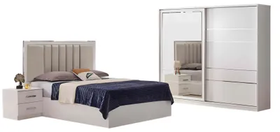 Produktbild von Doppelbett Komplette Schlafzimmer Nachttische Bett 4tlg Beige Schrank