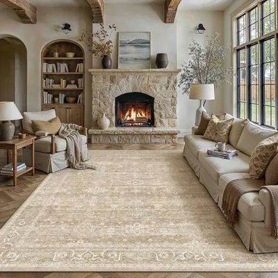 Teppich 200x300 cm Beige Kurzflor Vintage