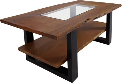 Produktbild von Couchtisch mit Glaseinsatz Baumkante 115 x 65 cm Akazie massiv nussbaum schwarz PATRICK