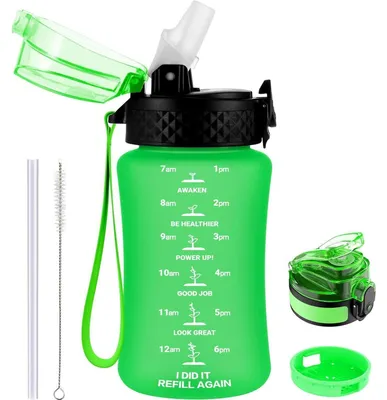 Immagine prodotto di Borraccia per bambini da 350 ml con cannuccia e indicatore del tempo, a prova di perdite, priva di BPA, color verde erba