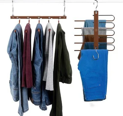 Image de Cintres multifonctionnels en chêne à 5 barres, cintre pour pantalons peu encombrant