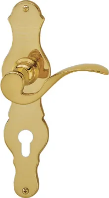 A polished brass door handle set with a keyhole escutcheon plate.