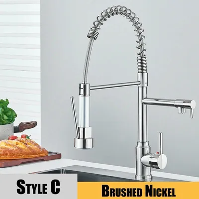 Immagine prodotto di Miscelatore per cucina – Miscelatore estraibile per lavello – Rotazione a 360° – Miscelatore a due getti – Miscelatore monocomando in acciaio inossidabile – Finitura in nichel spazzolato