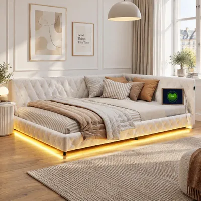 Obrázok produktu pre INONEFT Čalúnená posteľ s rozkladacou funkciou, 140x200 cm, s USB portami; posteľ pre mládež, 140x200 cm, s LED pásikom pod posteľou; detská posteľ, materiál: plyšová látka, farba: béžová
