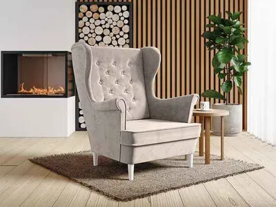 Produktbild von Sessel aus velours mit holzbeine Falco III, Ohrensessel mit Steppung, Knöpfe, Wellenfedern (Stoff: paros 02 - beige, Beinefarbe: Weiß)