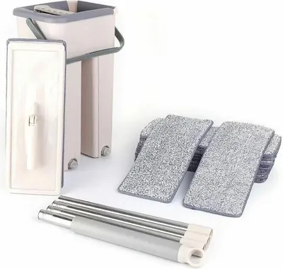 Produktbild von Wischmopp-Set mit Eimer - Flachmopp - 10 Mikrofaser-Pads - Stiel aus Stahl - Synthetischer Mopkopf - Weiß