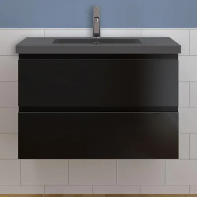 Produktbild von Waschtisch mit Unterschrank 80cm Alast Badmöbel Set Hochglanz Schwarz Waschbecken Dunklegrau mit Unterschrank MDF Softclose