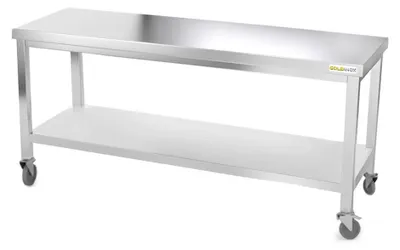 Produktbild von Arbeitstisch aus Edelstahl, 1800 x 600 mm, auf Rollen, - GOLDINOX