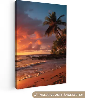 Produktbild von MuchoWow® - Leinwandbilder - Sonnenuntergang - Palmen - Strand - Meer, Wandbild, Wanddeko Bilder Wohnzimmer, 80x120 cm