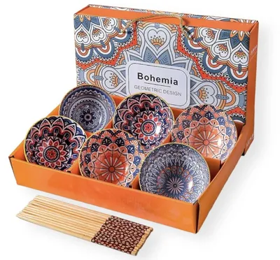 6er-Set Keramik-Reisschalen 10 oz mit Essstäbchen, Bohemian-Stil