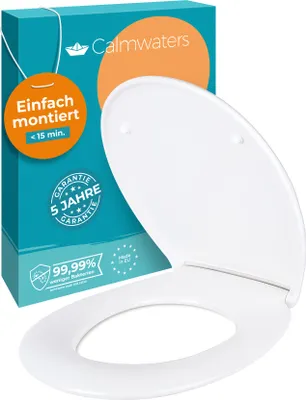 Produktbild von Calmwaters® Toilettendeckel mit Absenkautomatik, WC Sitz einfache Montage, bis 250 kg,  EU, aus antibakteriellem Duroplast, 2 Befestigungsarten, abnehmbar, Klobrille oval, Klodeckel Weiß