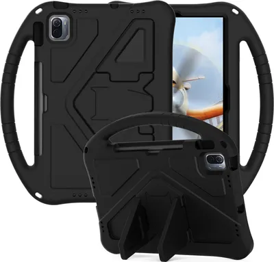 Two black tablet cases are shown against a white background. One case is shown from the front, displaying its handle and textured surface. The other case is shown from the back, with its kickstand deployed, and a tablet screen is visible within it.