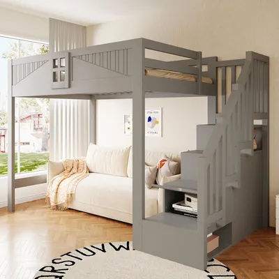 Produktbild von Massivholz-Hochbett 140 x 200 cm mit einzigartigem Sicherheitsgitter mit Fenster, beidseitig austauschbarer Aufbewahrungsleiter, Multifunktionsbett, Grau