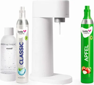 A white soda maker with two CO2 cylinders and a water bottle.