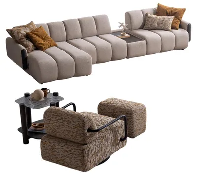 Immagine prodotto di Elegante set per soggiorno Divano angolare esclusivo Poltrona imbottita Pouf