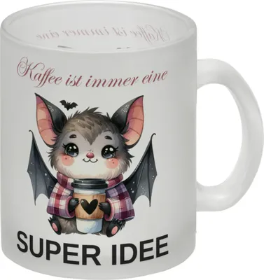 Produktbild von Fledermaus mit Glas Tasse Glas Tasse mit Spruch Kaffee ist immer eine super Idee