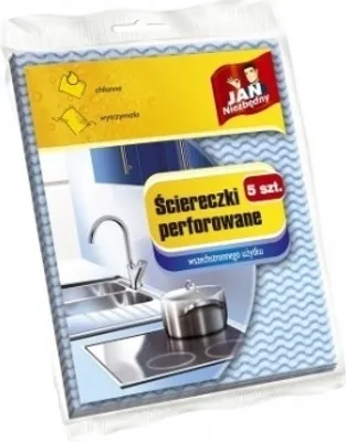 Product packaging for cleaning cloths with a kitchen scene depicted.