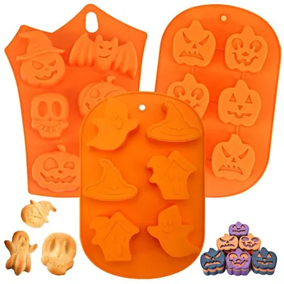 Immagine prodotto di Set di 3 stampi in silicone a tema Halloween: zucca, pipistrello, teschio e fantasmi