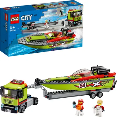 A LEGO City set featuring a truck, trailer, and speedboat, shown both on its packaging and as a built model.