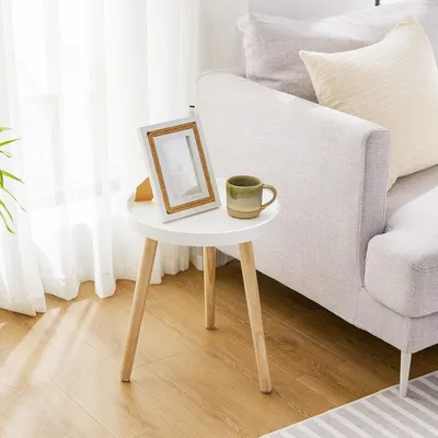 Zdjęcie produktu dla Okrągły stolik boczny - Stolik kawowy - Styl skandynawski - Ø 38 cm - Wysokość 45 cm - Nogi z litego drewna - Biały/naturalny - Salon Sypialnia