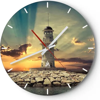 Produktbild von Wanduhr - Rund - Glasuhr - Leuchtturm Wasser Meer Steine - 30x30cm - Schleichendes Uhrwerk - Lautlos - zum Aufhängen bereit - Dekoration Modern - Wanddekoration aus Glas - C3AR30x30-2895