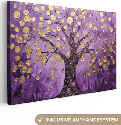 Produktbild von MuchoWow® - Leinwandbilder - Baum des Lebens - Baum - Lila - Gold - Modern, Wandbild, Wanddeko Bilder Wohnzimmer, 120x80 cm