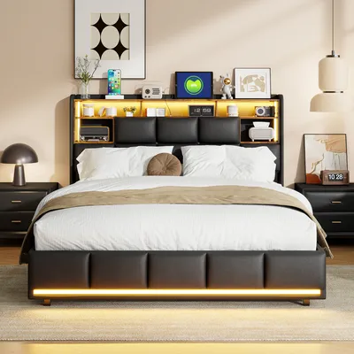 Produktbild von UnboxG Polsterbett 160x200cm mit USB Ladefunktion, Doppelbett Boxspringbett mit Staufach, Jugendbett Holzbettt mit LED und Lattenrost, PU, Schwarz