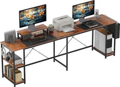 Zdjęcie produktu dla Biurko w kształcie litery L 168 x 120 cm biurko narożne ze schowkami, torbą do przechowywania, dwustronnym biurkiem komputerowym ze stojakiem na monitor, stołem do gier do biura, domowego biura, rustykalny brąz