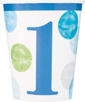 Produktbild von Pappbecher Dots Blau 1st Birthday 266ml/8Stk.