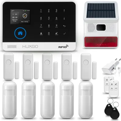 Produktbild von HUXGO HXA003 Alarmanlage Haus WiFi + GSM 4G mit Funk Sirene, Alarm System mit 5x Bewegungssensor und 5x Tür- Fenstersensor, Alarmanlage für Wohnung, Haus, Büro, Tuya Smartlife App