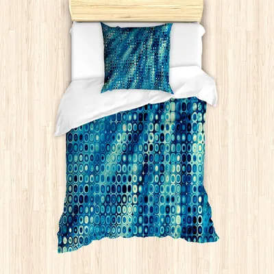 Produktbild von ABAKUHAUS Fractal Bettbezug Set, Weinlese-Mosaik-Art-kleine geometrische Kreise auf flachem Hintergrund mit Grafik, 135 x 200 cm + 80 x 80 cm, Petrol Blau
