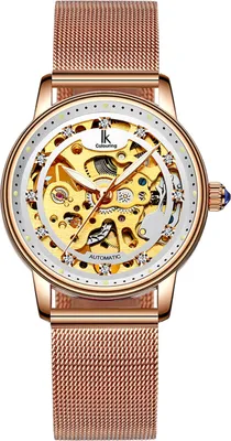 Produktbild von Alienwork Automatikuhr Armbanduhr Damen Roségold Metall Mesh Armband Edelstahl Weiss Skelett Glasboden