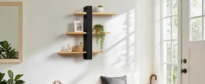 Obrázek produktu pro Dřevěná nástěnná police – závěsná police – 3 police – výškově nastavitelná – montáž na zeď – 58×50×16 cm – moderní styl – černá