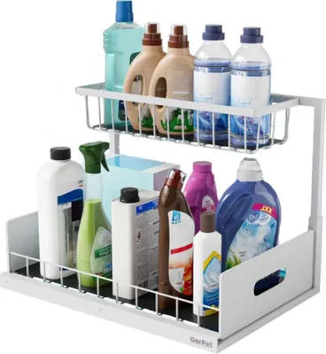 Produktbild von Spülschrank Organizer schmal ausziehbar Küche Metall 2 Etagen unter Waschbecken Regal Küchen Organizer Gewürzregale Organizer für Badezimmer weiß