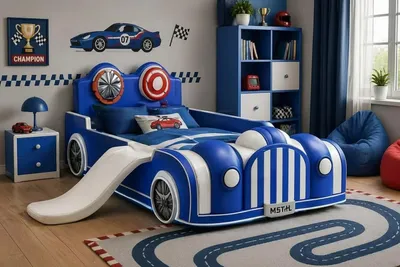 Immagine prodotto di Letto a forma di auto, bianco e blu, con scivolo e luci LED, dotato di ruote