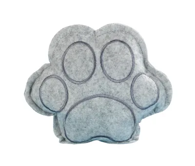 A gray paw-shaped pillow or toy on a white background.