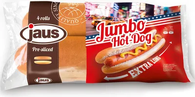 Produktbild von Jaus Jumbo Hot Dog vorgeschnittene Weizensoftbrötchen 4er 320g