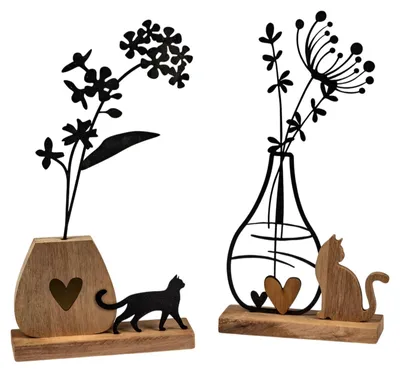Produktbild von formano 2er Set Dekoaufsteller Blume Katze Holz Metall Herz 31 cm 2 Motive