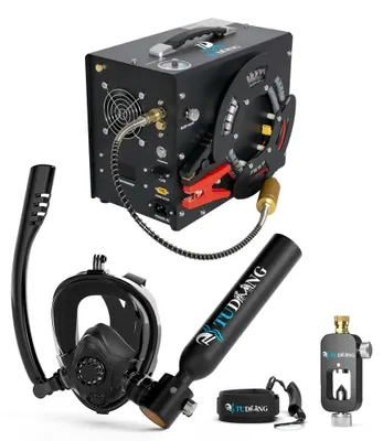 Produktbild von Tauchflaschen-Set - S200Plus A3 Tauchflasche - 0,5 l - 6–10 Min. Atemzeit - 200 bar/20 MPa - Mit Luftkompressor - Mit Tauchmaske - Schwarz