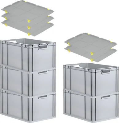 Produktbild von SparSet 5x Eurobox NextGen Economy mit Auflagedeckel und 4x Schiebeschnappverschlüsse Gelb | Griffe offen | HxBxT 32x40x60cm | 65 Liter | Eurobehälter, Transportbox, Transportbehälter, Stapelbehälter