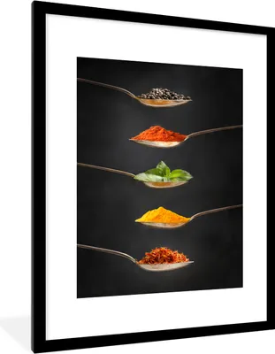 Produktbild von MuchoWow® MuchoWow® Gerahmtes Poster Kräuter - Löffel - Gewürze - Schwarz - Italienisch 60x80 cm - Poster mit zchwarzem Bilderrahmen - Wohnzimmer - Dekorationen - Prämie