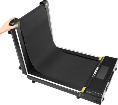 A person's hand is shown adjusting the treadmill belt.
