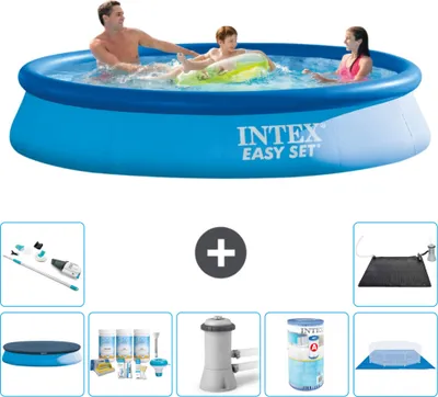 Produktbild von Intex runder aufblasbarer Easy-Set-Pool – 366 x 76 cm – Blau – im Lieferumfang enthalten Abdeckung - Wartungspaket - Filterpumpe für Schwimmbad - Filter - Bodenplane - Staubsauger